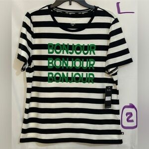 Karl Lagerfeld Black and White Striped Top with Green Bonjour
